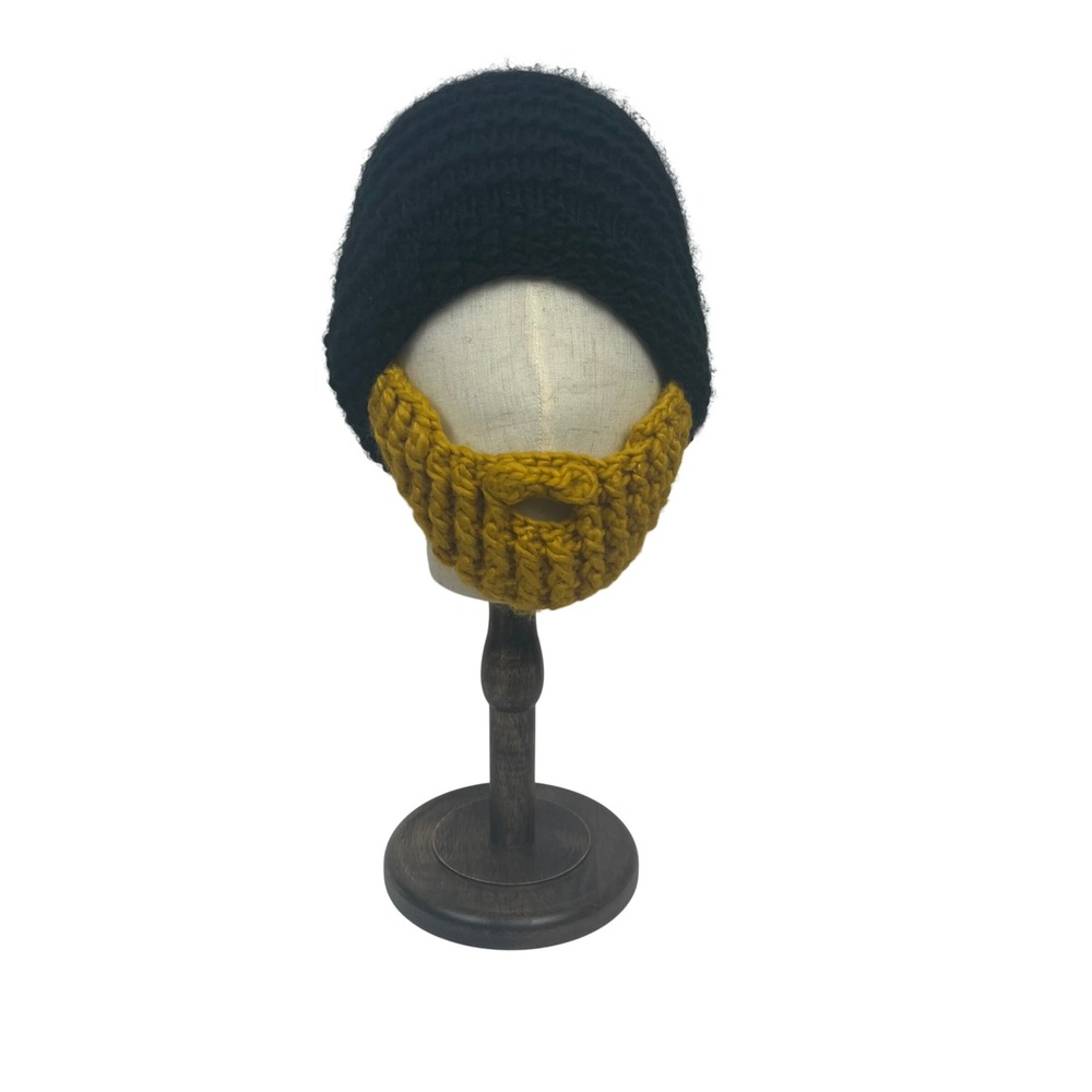 Beardo Mens Black Knitโ Beanie with Mustard Yellow Crochet Beard Novelty